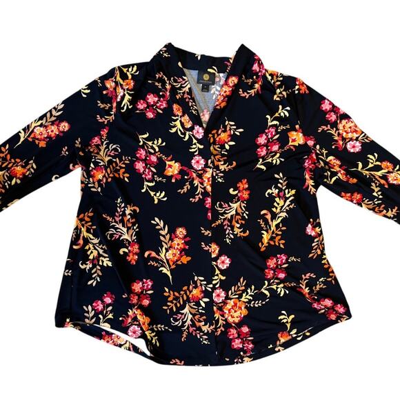 JM Collection Black Floral Blouse 1X Plus V-Neck Long Sleeve Tunic Top - Picture 1 of 4